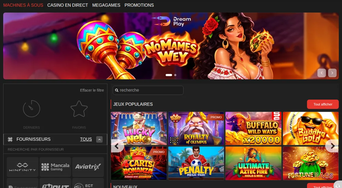 Section casino de MegaPari en français : recherche de jeux, fournisseurs et jeux populaires